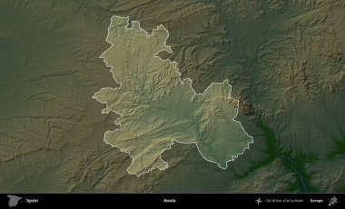 Anoia. İspanya 'nın idari alanı koyu renkli bir yükseklik haritasına vurgulanmış ve özetlenmiştir