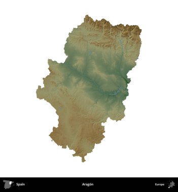 Aragon. İspanya 'nın idari bölgesi renkli bir yükseklik haritasında beyaza izole edilmiş