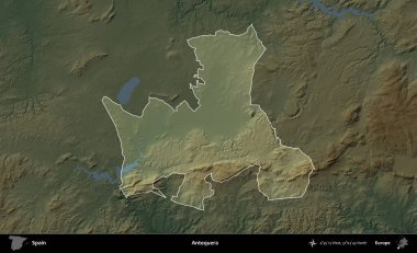 Antequera. İspanya 'nın idari alanı koyu renkli bir yükseklik haritasına vurgulanmış ve özetlenmiştir