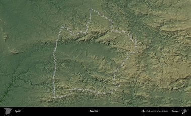 Aroche. İspanya 'nın idari bölgesi renkli bir yükseklik haritasında özetlenmiştir
