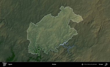 Arzua. İspanya 'nın idari alanı koyu renkli bir yükseklik haritasına vurgulanmış ve özetlenmiştir