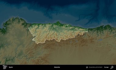 Asturyalar. İspanya 'nın idari alanı koyu renkli bir yükseklik haritasına vurgulanmış ve özetlenmiştir