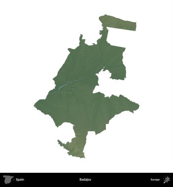 Badajoz. İspanya 'nın idari bölgesi renkli bir yükseklik haritasında beyaza izole edilmiş