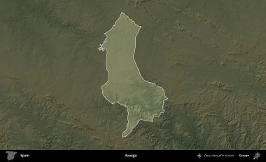 Azuaga. İspanya 'nın idari alanı koyu renkli bir yükseklik haritasına vurgulanmış ve özetlenmiştir