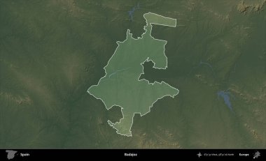 Badajoz. İspanya 'nın idari alanı koyu renkli bir yükseklik haritasına vurgulanmış ve özetlenmiştir