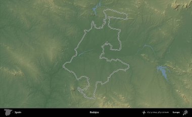 Badajoz. İspanya 'nın idari bölgesi renkli bir yükseklik haritasında özetlenmiştir