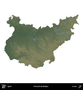 İl de Badajoz. İspanya 'nın idari bölgesi renkli bir yükseklik haritasında beyaza izole edilmiş