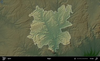 Kafesler. İspanya 'nın idari alanı koyu renkli bir yükseklik haritasına vurgulanmış ve özetlenmiştir