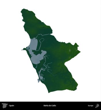 Bahia de Cadiz. İspanya 'nın idari bölgesi renkli bir yükseklik haritasında beyaza izole edilmiş