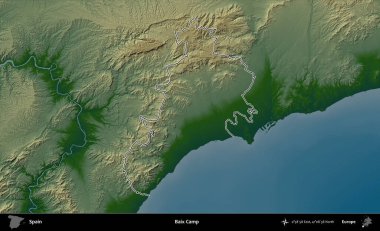 Baix Kampı. İspanya 'nın idari bölgesi renkli bir yükseklik haritasında özetlenmiştir