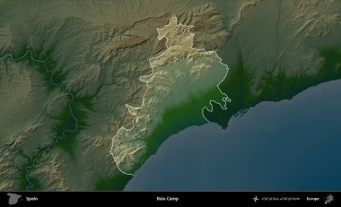 Baix Kampı. İspanya 'nın idari alanı koyu renkli bir yükseklik haritasına vurgulanmış ve özetlenmiştir