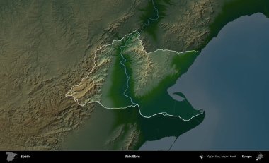 Baix Ebre. İspanya 'nın idari alanı koyu renkli bir yükseklik haritasına vurgulanmış ve özetlenmiştir