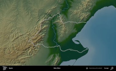 Baix Ebre. İspanya 'nın idari bölgesi renkli bir yükseklik haritasında özetlenmiştir
