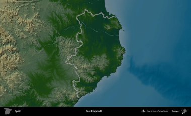 Baix Emporda. İspanya 'nın idari bölgesi renkli bir yükseklik haritasında özetlenmiştir