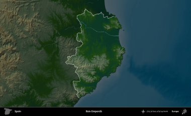 Baix Emporda. İspanya 'nın idari alanı koyu renkli bir yükseklik haritasına vurgulanmış ve özetlenmiştir