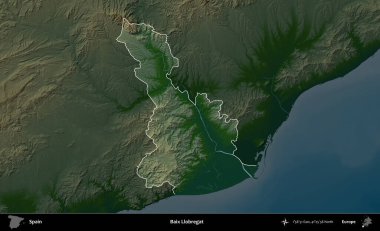 Baix Llobregat. İspanya 'nın idari alanı koyu renkli bir yükseklik haritasına vurgulanmış ve özetlenmiştir