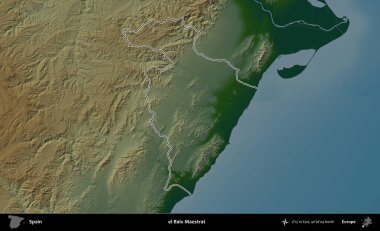 el Baix Maestrat. İspanya 'nın idari bölgesi renkli bir yükseklik haritasında özetlenmiştir