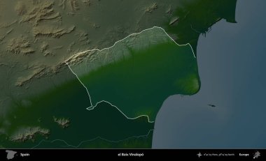 el Baix Vinalopo. İspanya 'nın idari alanı koyu renkli bir yükseklik haritasına vurgulanmış ve özetlenmiştir