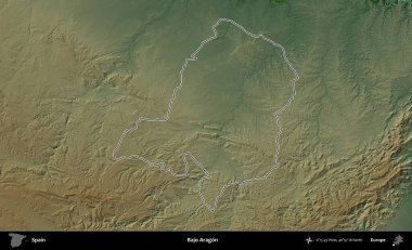 Bajo Aragon. İspanya 'nın idari bölgesi renkli bir yükseklik haritasında özetlenmiştir