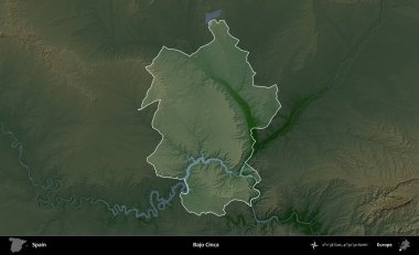 Bajo Cinca. İspanya 'nın idari alanı koyu renkli bir yükseklik haritasına vurgulanmış ve özetlenmiştir