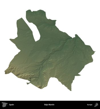 Bajo Martin. İspanya 'nın idari bölgesi renkli bir yükseklik haritasında beyaza izole edilmiş