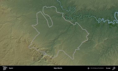 Bajo Martin. İspanya 'nın idari bölgesi renkli bir yükseklik haritasında özetlenmiştir