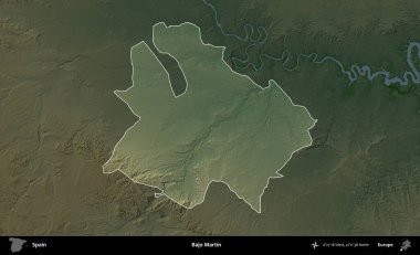 Bajo Martin. İspanya 'nın idari alanı koyu renkli bir yükseklik haritasına vurgulanmış ve özetlenmiştir