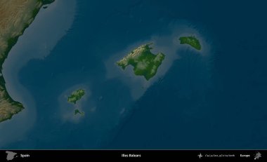Illes Balears. İspanya 'nın idari alanı koyu renkli bir yükseklik haritasına vurgulanmış ve özetlenmiştir