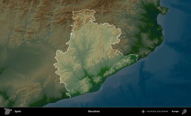 Barselona 'da. İspanya 'nın idari alanı koyu renkli bir yükseklik haritasına vurgulanmış ve özetlenmiştir