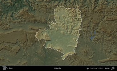 Irunerria. İspanya 'nın idari alanı koyu renkli bir yükseklik haritasına vurgulanmış ve özetlenmiştir