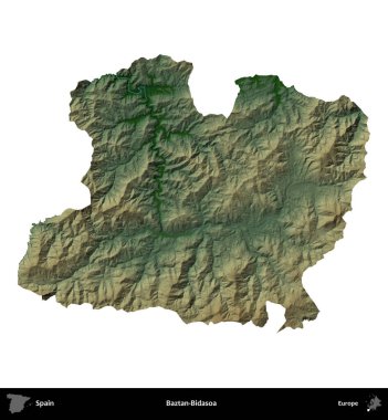 Baztan-Bidasoa. İspanya 'nın idari bölgesi renkli bir yükseklik haritasında beyaza izole edilmiş