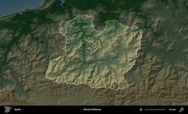 Baztan-Bidasoa. İspanya 'nın idari alanı koyu renkli bir yükseklik haritasına vurgulanmış ve özetlenmiştir
