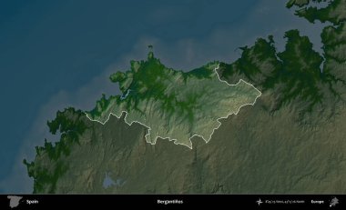 Bergantinos. İspanya 'nın idari alanı koyu renkli bir yükseklik haritasına vurgulanmış ve özetlenmiştir
