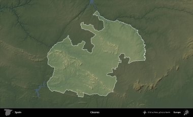 Caceres. İspanya 'nın idari alanı koyu renkli bir yükseklik haritasına vurgulanmış ve özetlenmiştir