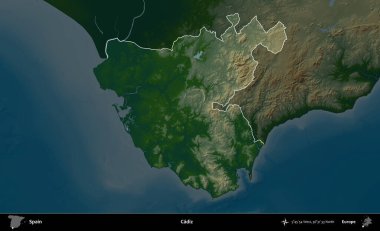 Cadiz. İspanya 'nın idari alanı koyu renkli bir yükseklik haritasına vurgulanmış ve özetlenmiştir