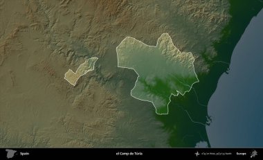 Turia Kampı. İspanya 'nın idari alanı koyu renkli bir yükseklik haritasına vurgulanmış ve özetlenmiştir