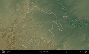 Campo de Belchite 'de. İspanya 'nın idari bölgesi renkli bir yükseklik haritasında özetlenmiştir