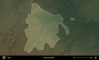 Campo de Belchite 'de. İspanya 'nın idari alanı koyu renkli bir yükseklik haritasına vurgulanmış ve özetlenmiştir