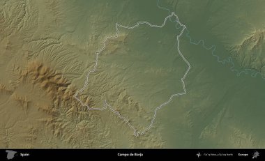 Campo de Borja 'da. İspanya 'nın idari bölgesi renkli bir yükseklik haritasında özetlenmiştir