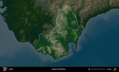 Campo de Cebelitarık. İspanya 'nın idari alanı koyu renkli bir yükseklik haritasına vurgulanmış ve özetlenmiştir