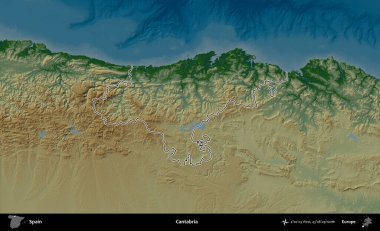 Cantabria 'da. İspanya 'nın idari bölgesi renkli bir yükseklik haritasında özetlenmiştir