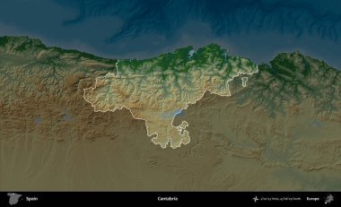 Cantabria 'da. İspanya 'nın idari alanı koyu renkli bir yükseklik haritasına vurgulanmış ve özetlenmiştir