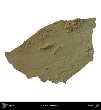 Caravaca de la Cruz 'da. İspanya 'nın idari bölgesi renkli bir yükseklik haritasında beyaza izole edilmiş