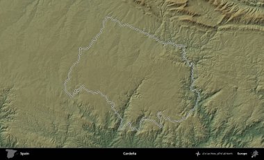 Cardena. İspanya 'nın idari bölgesi renkli bir yükseklik haritasında özetlenmiştir