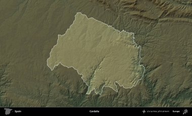 Cardena. İspanya 'nın idari alanı koyu renkli bir yükseklik haritasına vurgulanmış ve özetlenmiştir
