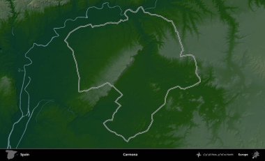 Carmona. İspanya 'nın idari bölgesi renkli bir yükseklik haritasında özetlenmiştir