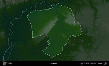 Carmona. İspanya 'nın idari alanı koyu renkli bir yükseklik haritasına vurgulanmış ve özetlenmiştir