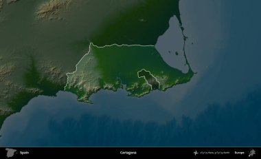 Cartagena 'da. İspanya 'nın idari alanı koyu renkli bir yükseklik haritasına vurgulanmış ve özetlenmiştir