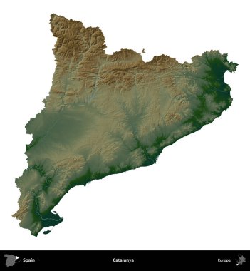 Katalunya. İspanya 'nın idari bölgesi renkli bir yükseklik haritasında beyaza izole edilmiş