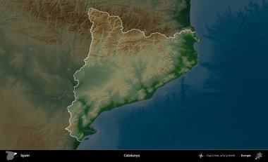 Katalunya. İspanya 'nın idari alanı koyu renkli bir yükseklik haritasına vurgulanmış ve özetlenmiştir